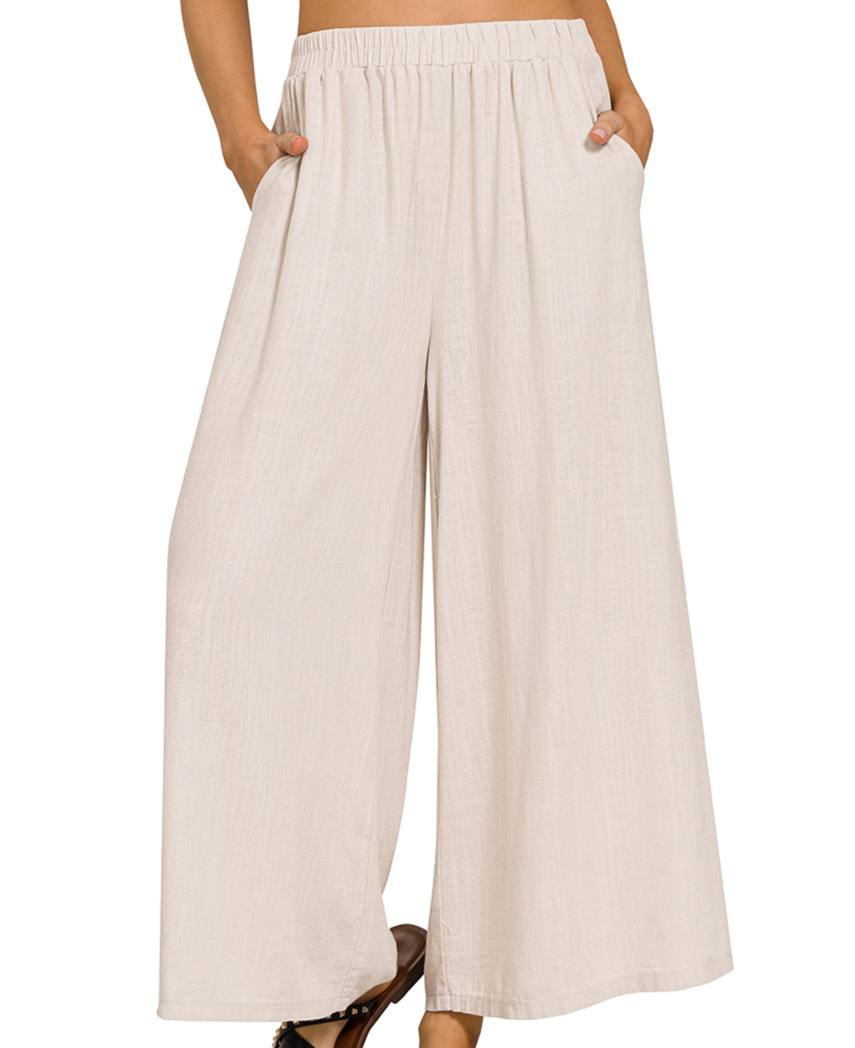 Woven Pleated Linen Blend Wide-Leg Pants