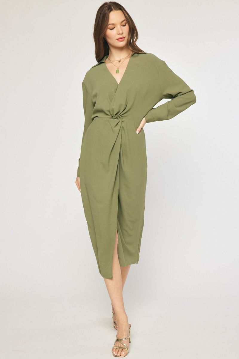 Olive Green Wrap-Style Long Sleeve Dress L Olive Green Wrap-Style Long Sleeve Dress L