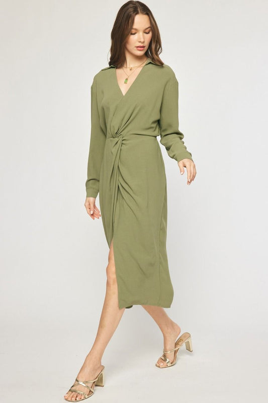 Olive Green Wrap-Style Long Sleeve Dress