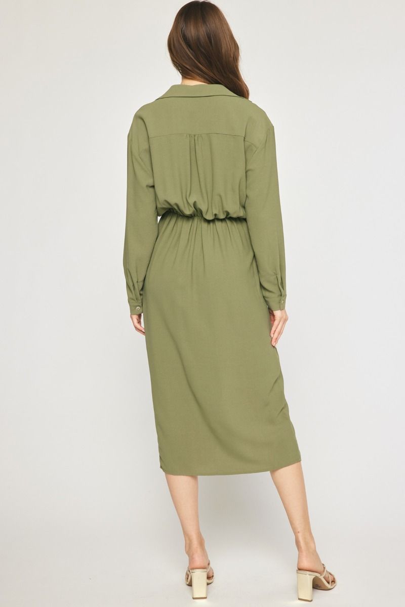Olive Green Wrap-Style Long Sleeve Dress