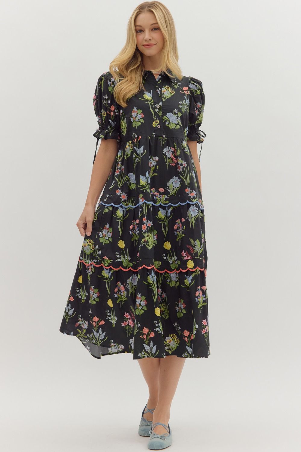 Black Botanical Puff Sleeve Midi Dress