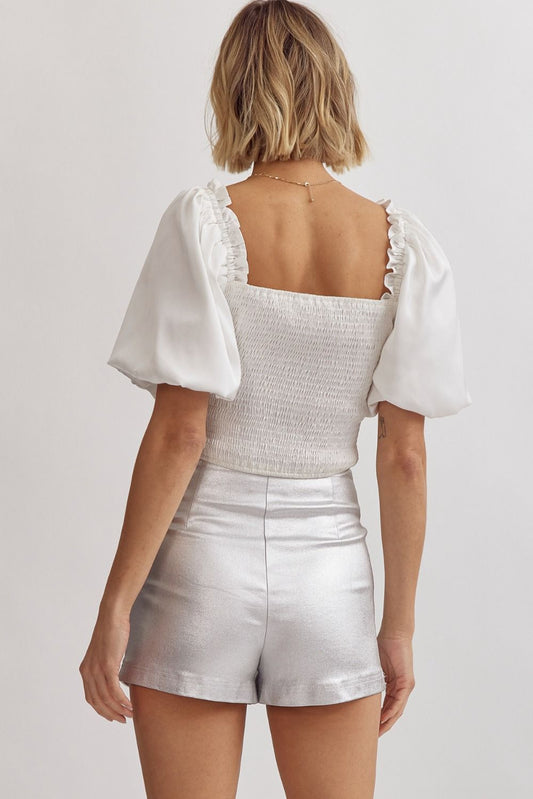 White Satin Bubble Sleeve Crop Top