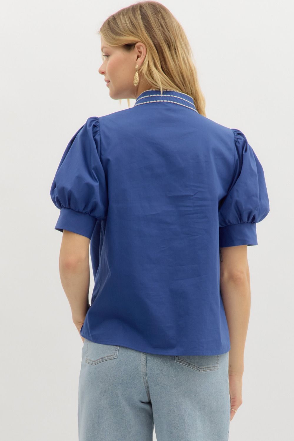 Indigo Embroidered Puff Sleeve Blouse