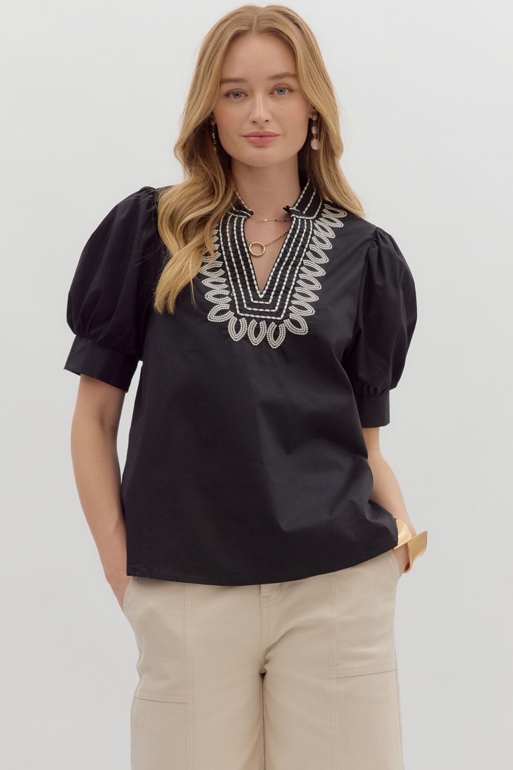 Black Embroidered Puff Sleeve Blouse