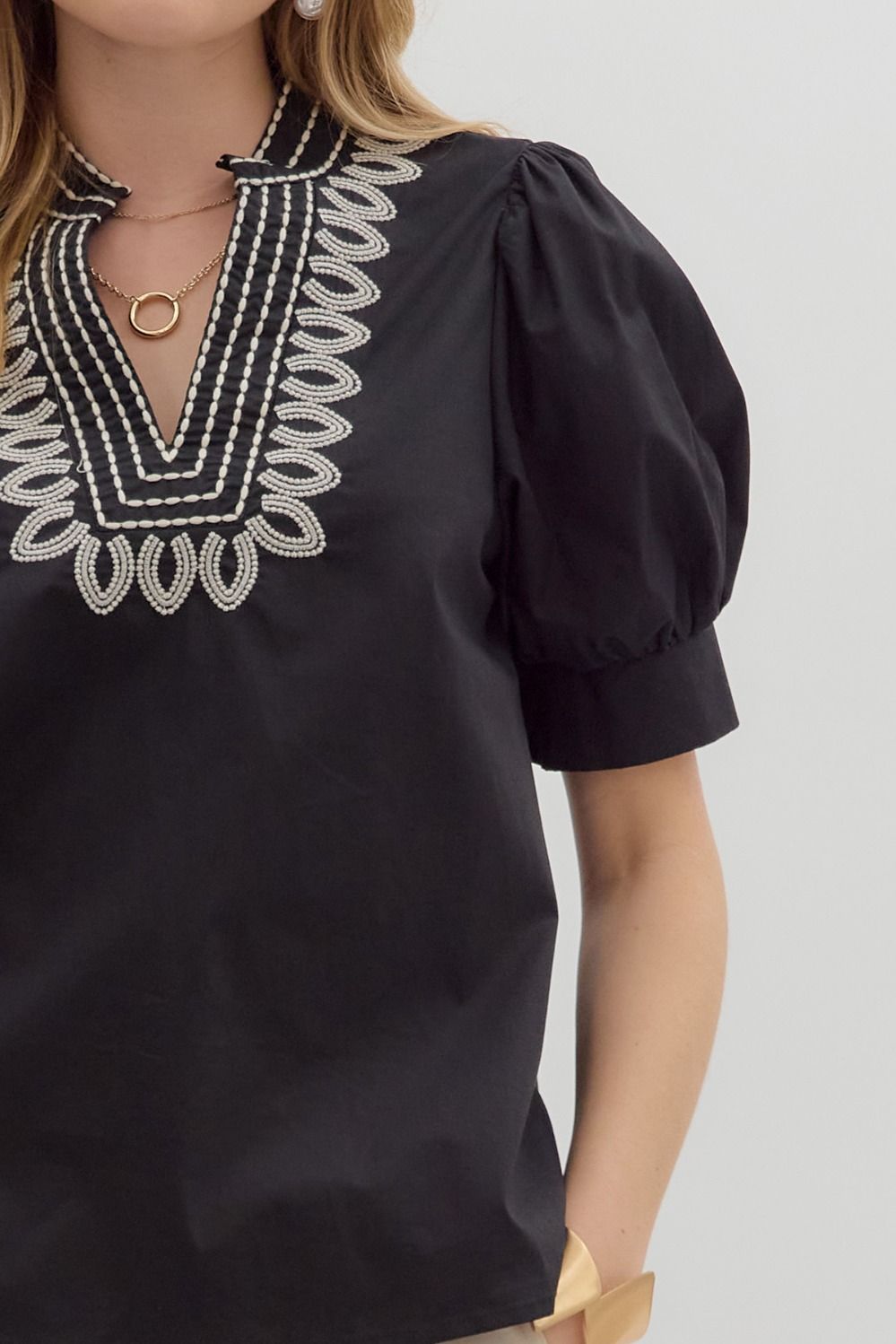 Black Embroidered Puff Sleeve Blouse