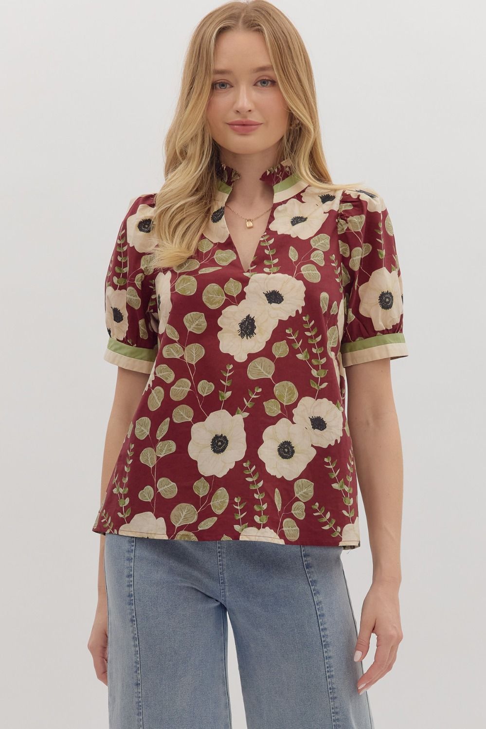 Maroon Floral Puff Sleeve Blouse