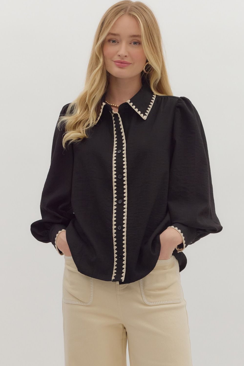 Black Blanket Stitch Collar Blouse