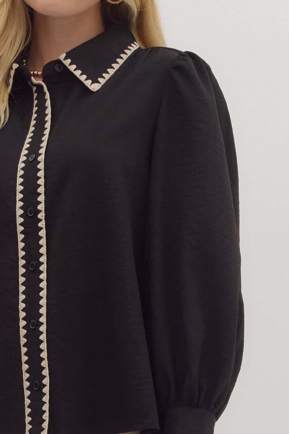 Black Blanket Stitch Collar Blouse