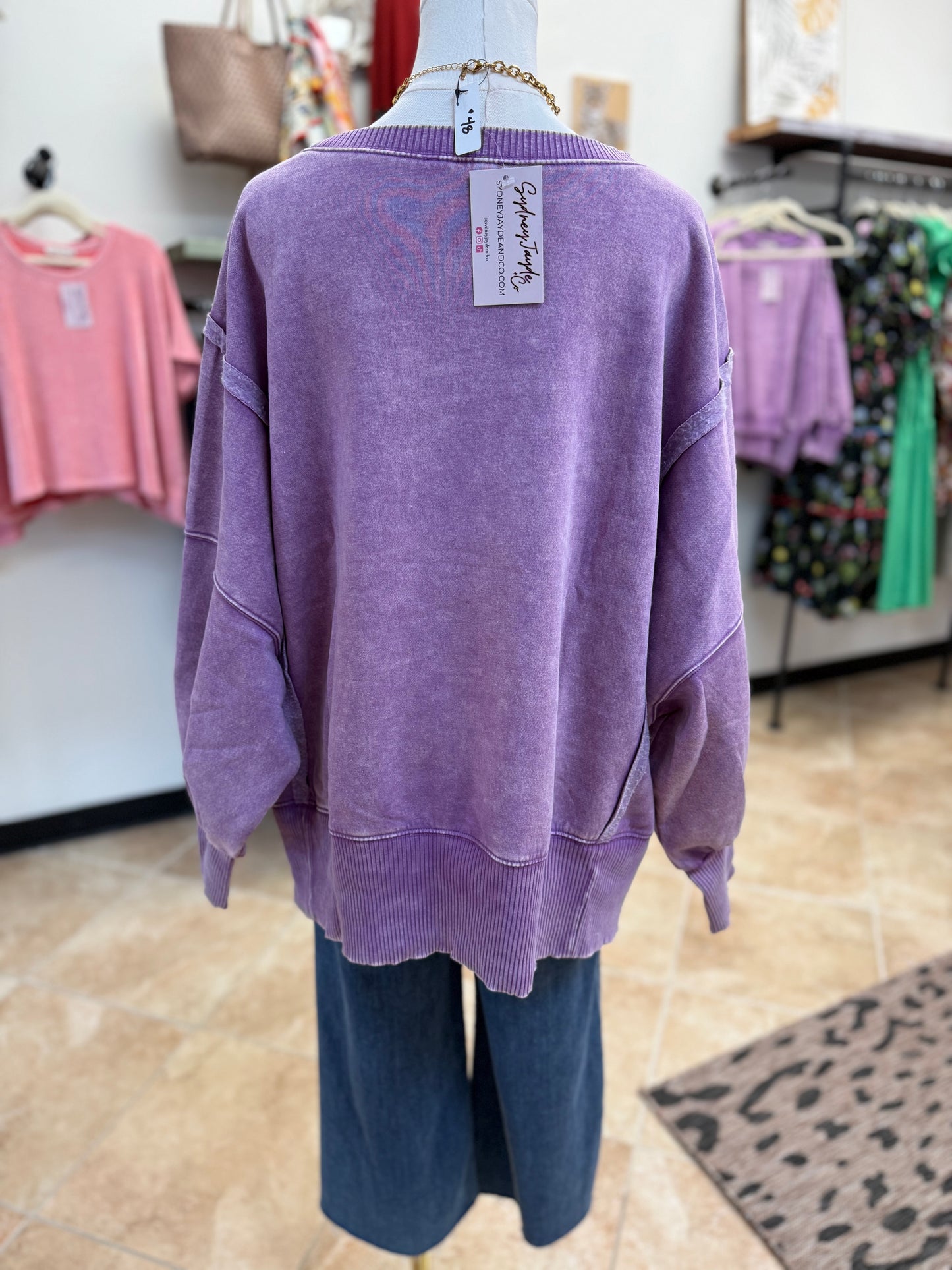 Violet Acid Washed Batwing Sleeve Hi-Low Fleece Sweatshirt