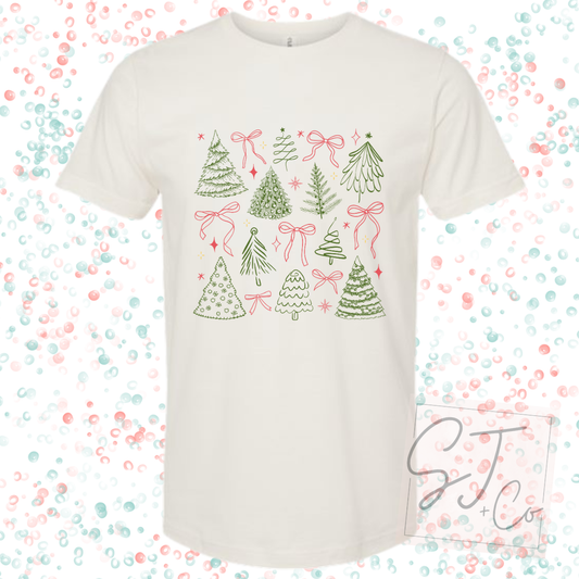 Dainty Christmas Tree and Bow Holiday Graphic Tee