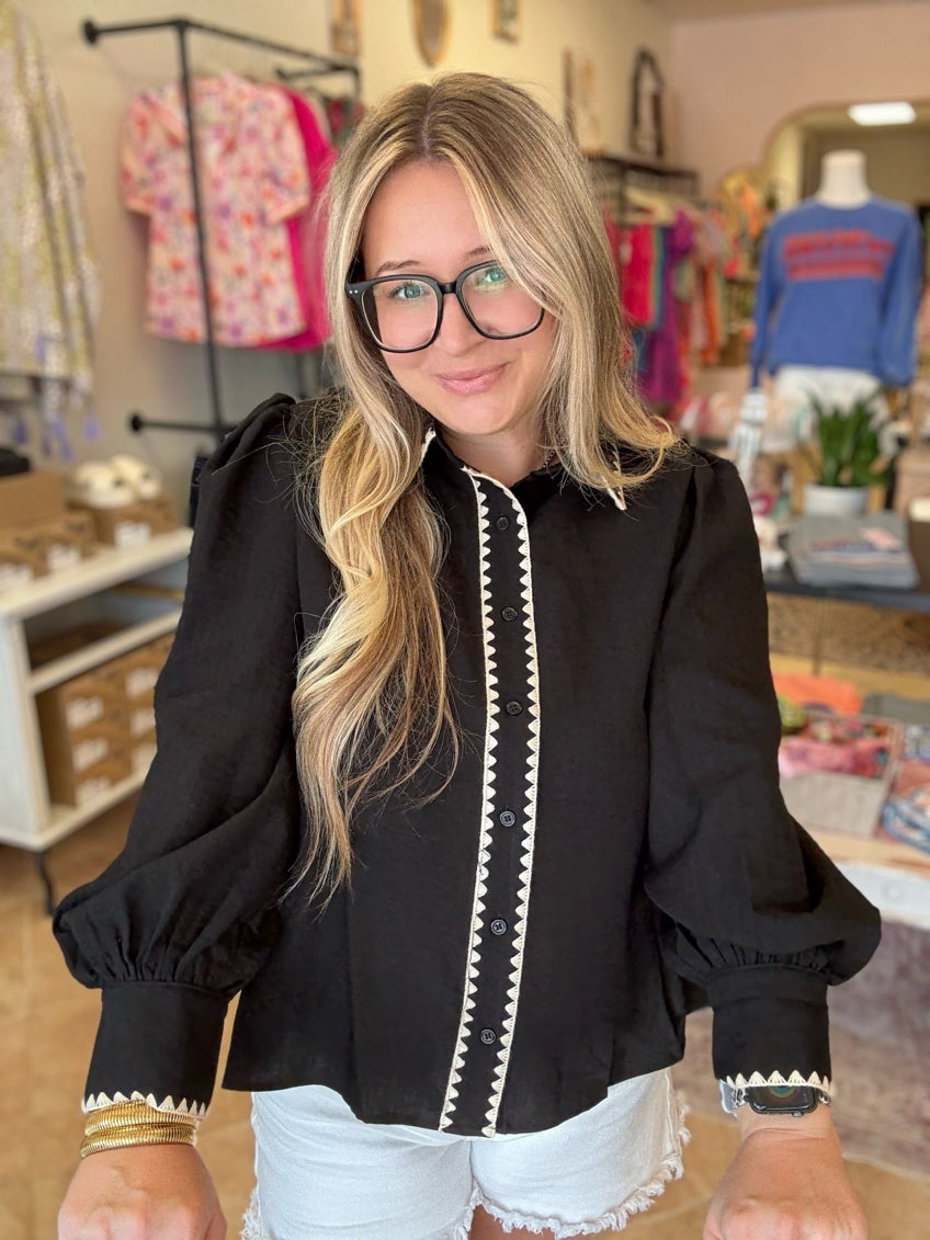 Black Blanket Stitch Collar Blouse