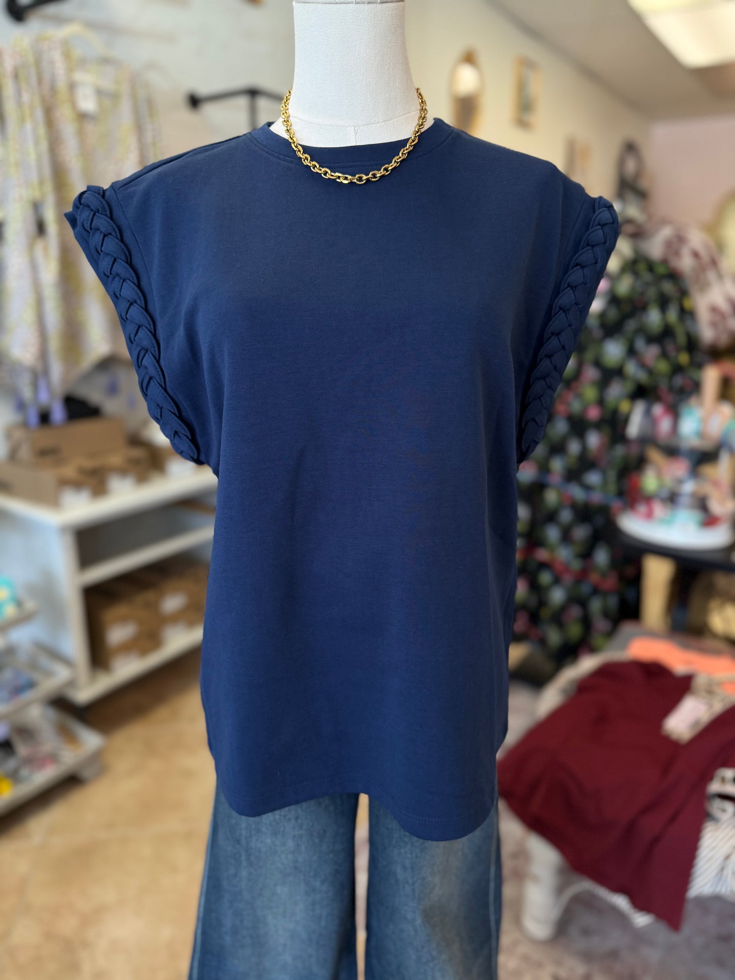 Navy Braided Detail Cap Sleeve Top