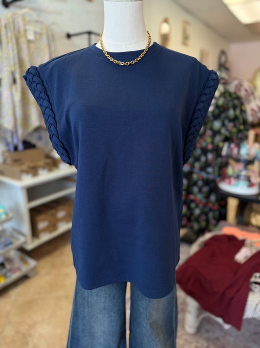 Navy Braided Detail Cap Sleeve Top