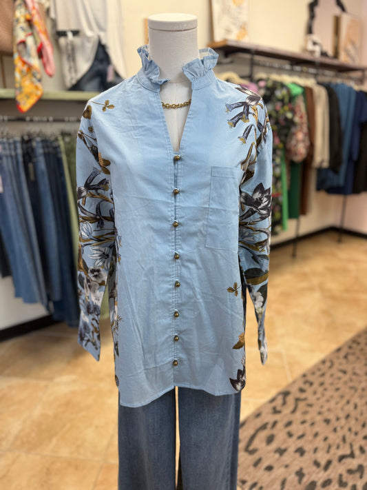 Sky Blue Floral Ruffle Blouse