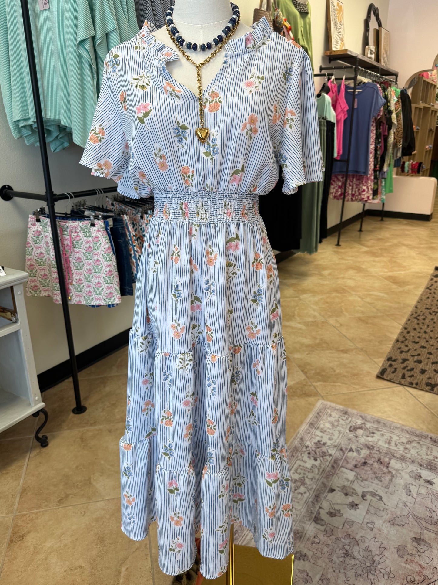 Blue Pinstripe Floral Dress