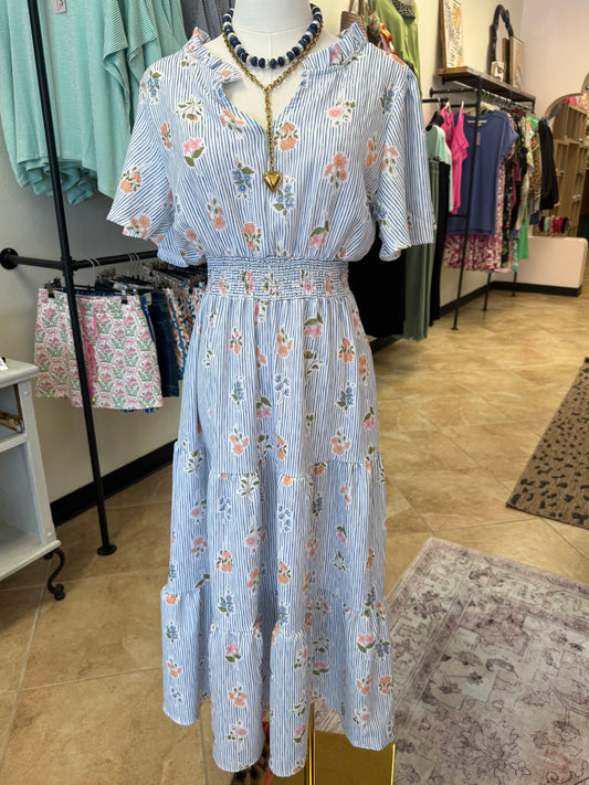 Blue Pinstripe Floral Dress