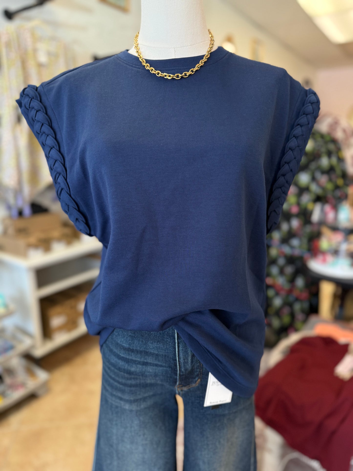 Navy Braided Detail Cap Sleeve Top