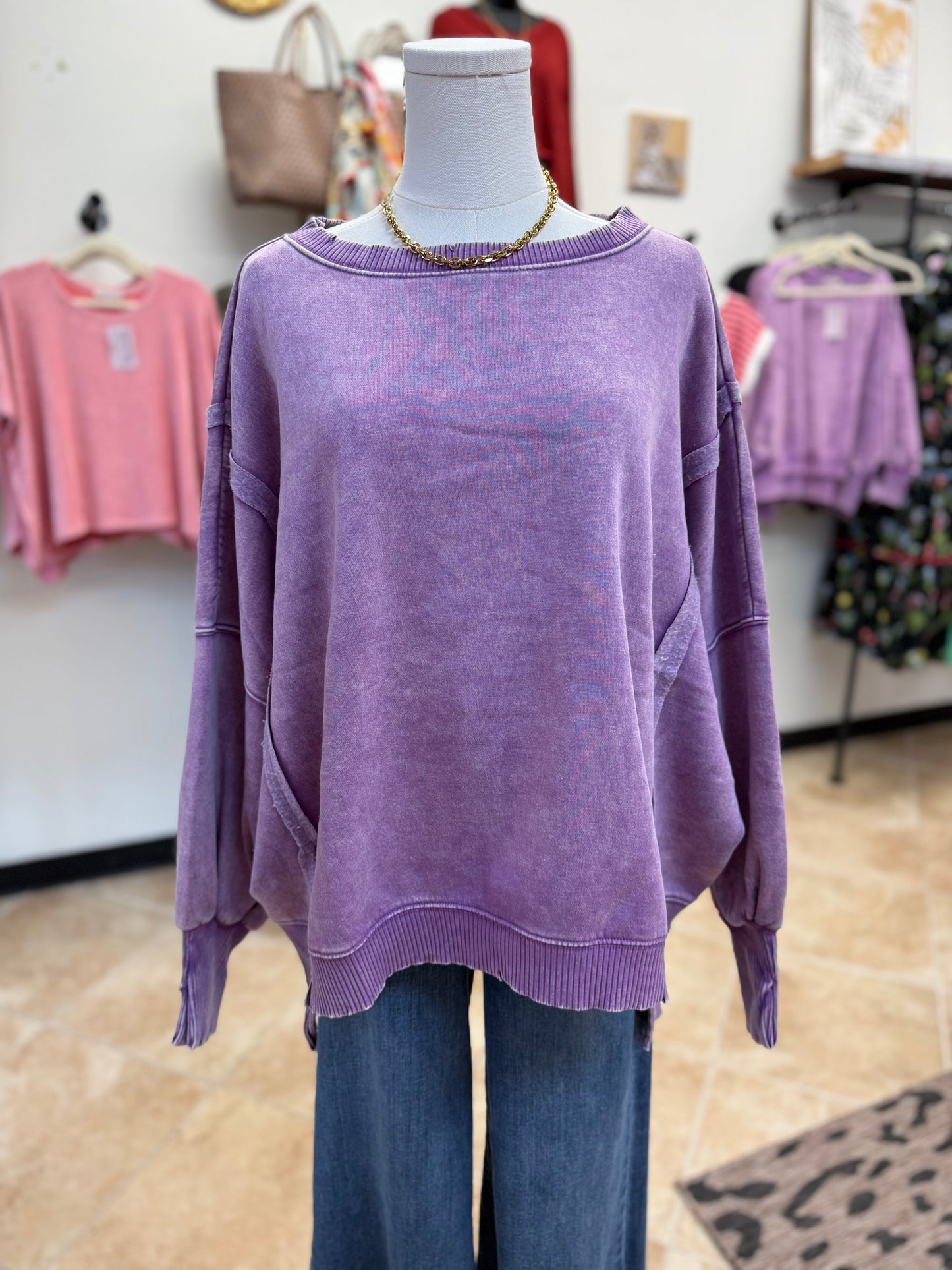 Violet Acid Washed Batwing Sleeve Hi-Low Fleece Sweatshirt