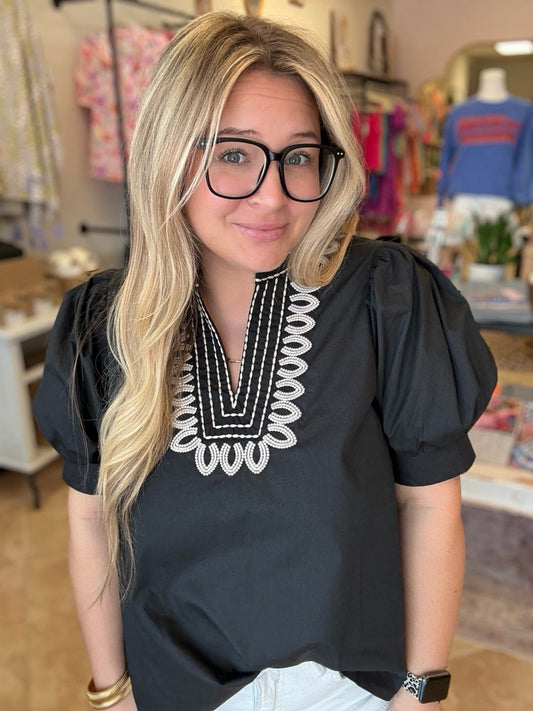 Black Embroidered Puff Sleeve Blouse