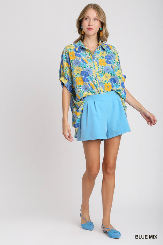 Umgee Flower Print Boxy Button Down Top – Blue & Yellow