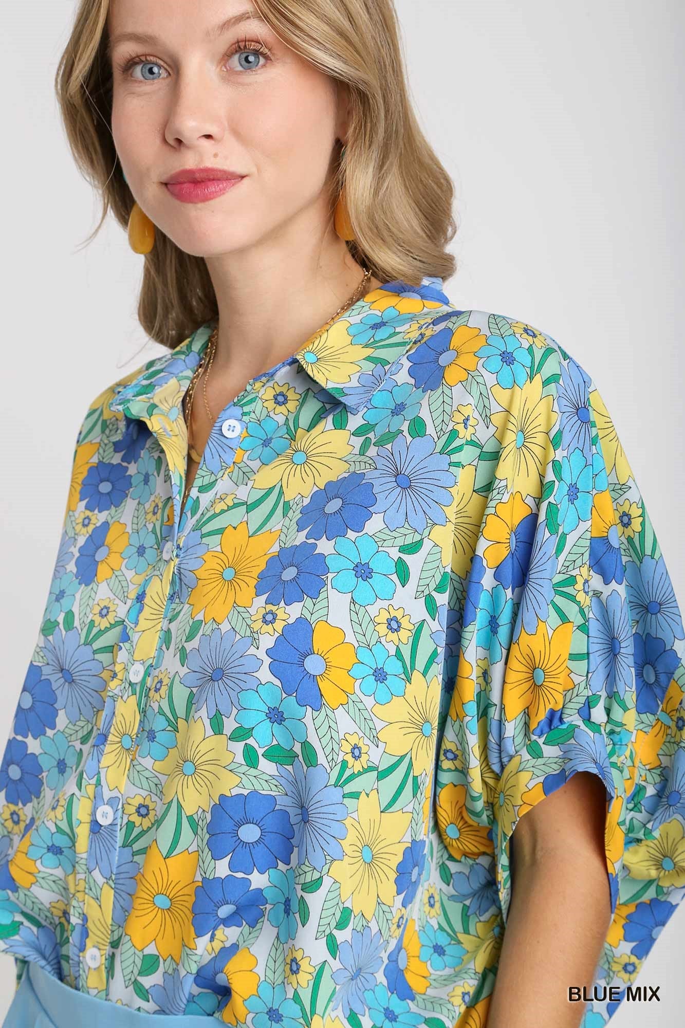 Umgee Flower Print Boxy Button Down Top – Blue & Yellow
