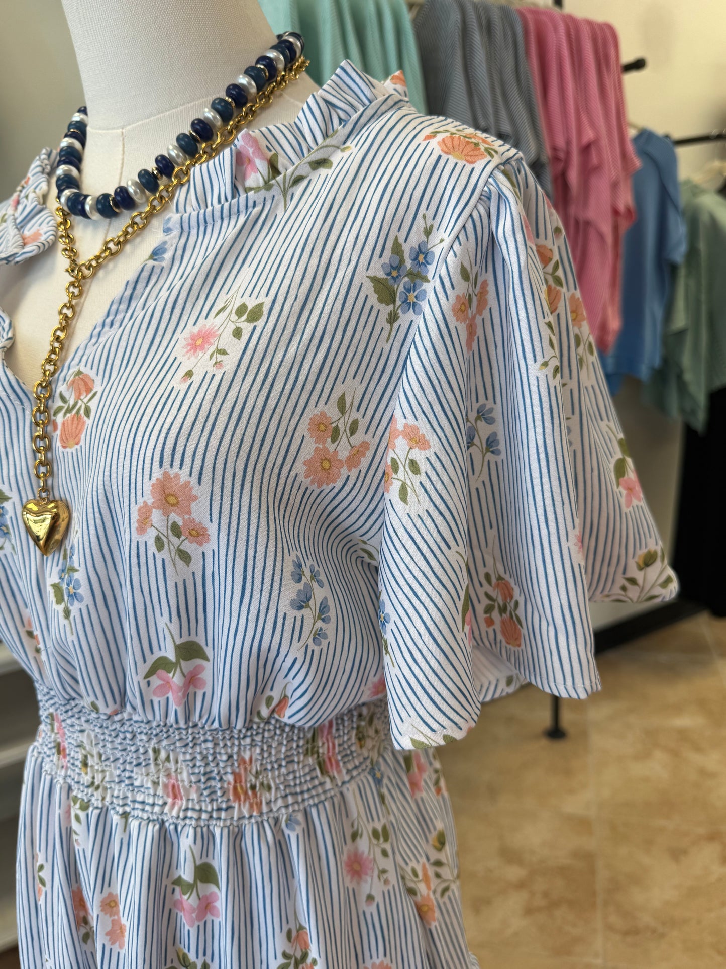 Blue Pinstripe Floral Dress