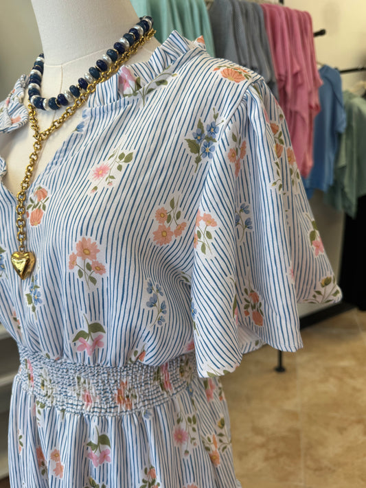 Blue Pinstripe Floral Dress