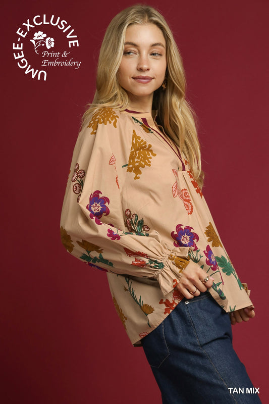 Rustic Floral V-Neck Collar Blouse