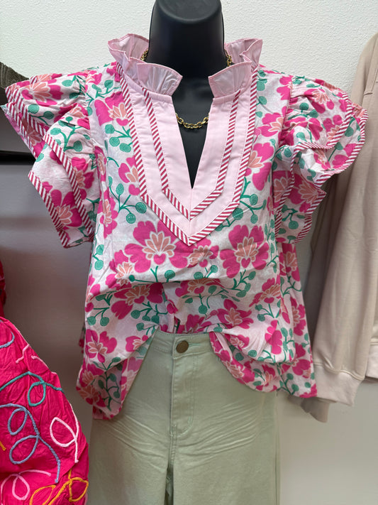 Floral Flutter Sleeve Blouse