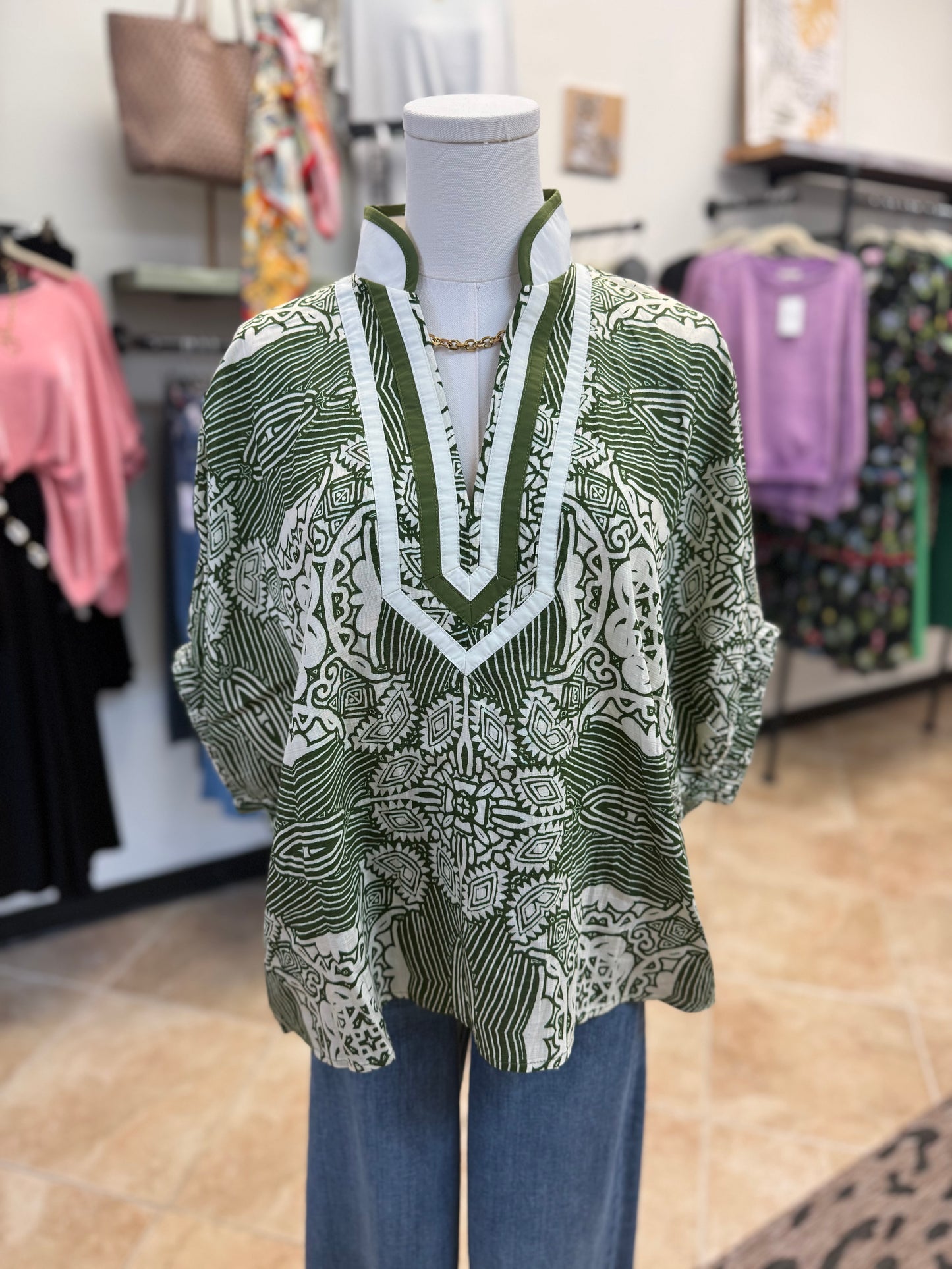 Olive Abstract Dolman Blouse with Relaxed Collar