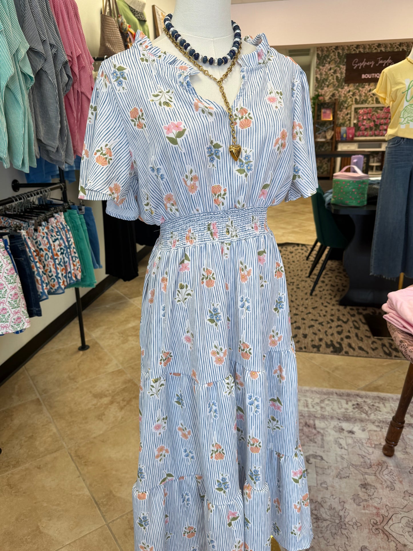 Blue Pinstripe Floral Dress