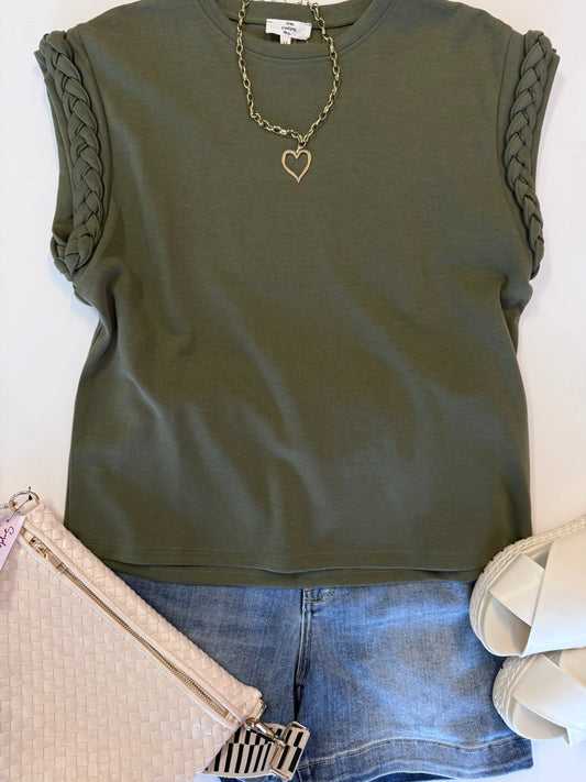 Olive Green Braided Sleeve Top