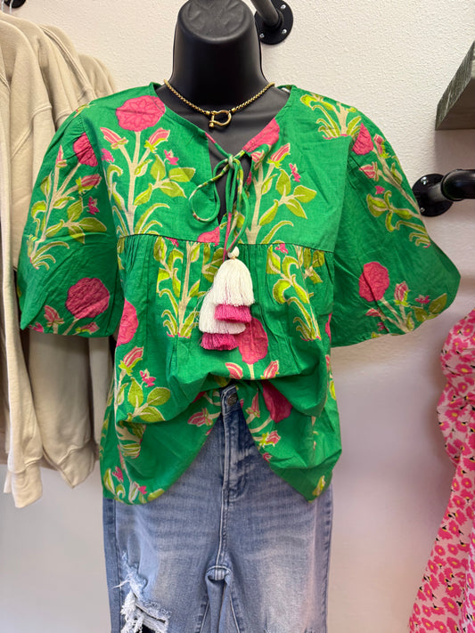 THML Kelly Green Floral Blouse