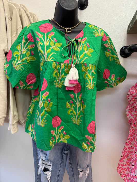 THML Kelly Green Floral Blouse