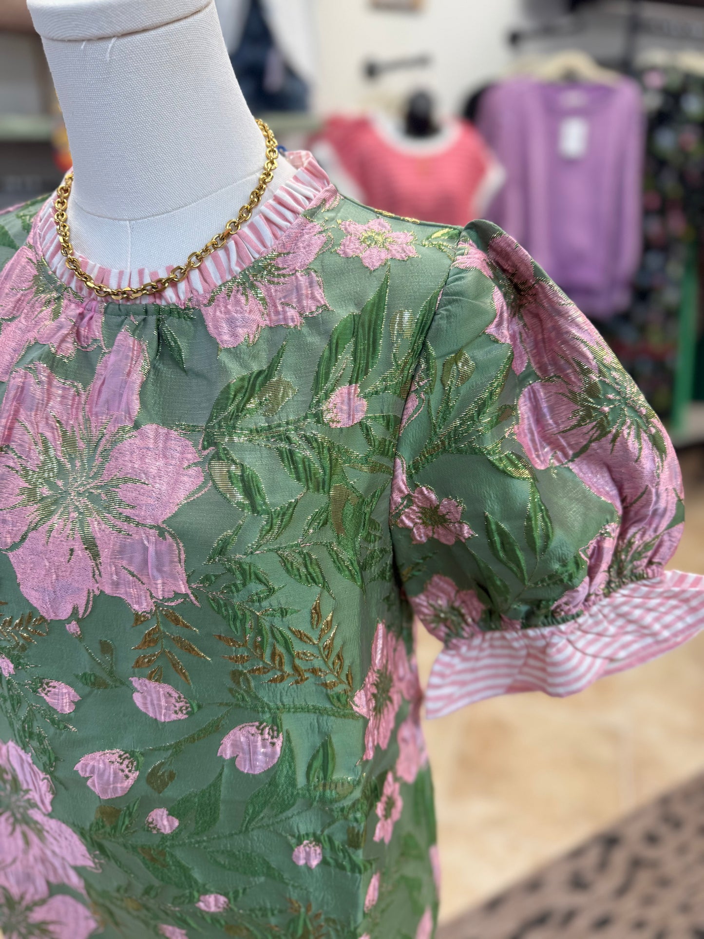 Sage Floral Puff Sleeve Blouse with Ruffle Details
