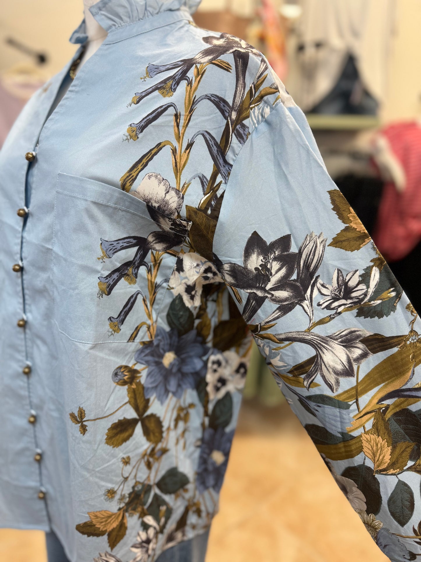 Sky Blue Floral Ruffle Blouse