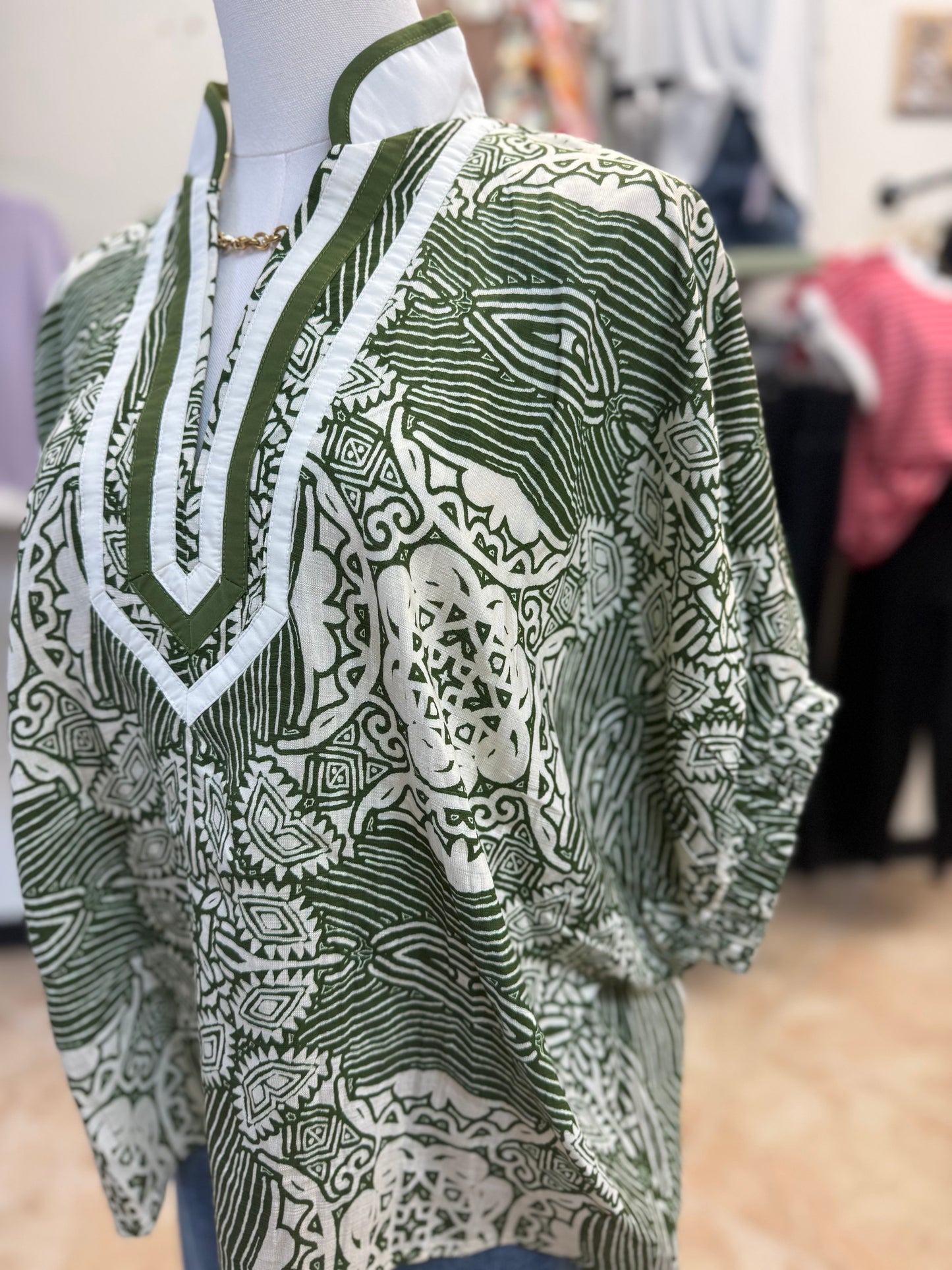 Olive Abstract Dolman Blouse with Relaxed Collar