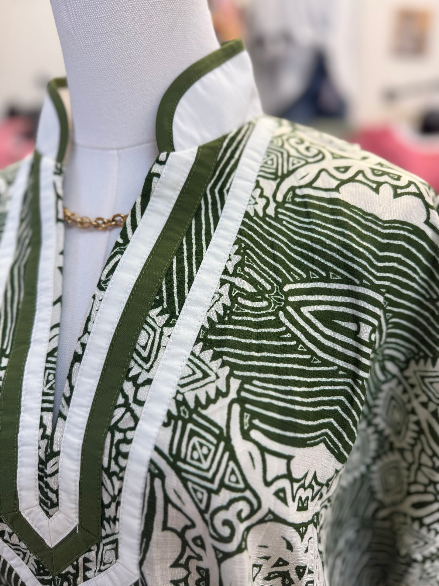 Olive Abstract Dolman Blouse with Relaxed Collar