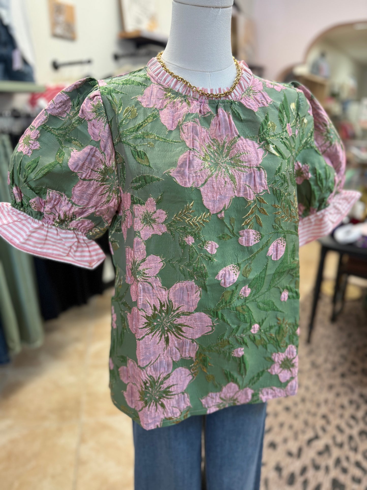 Sage Floral Puff Sleeve Blouse with Ruffle Details