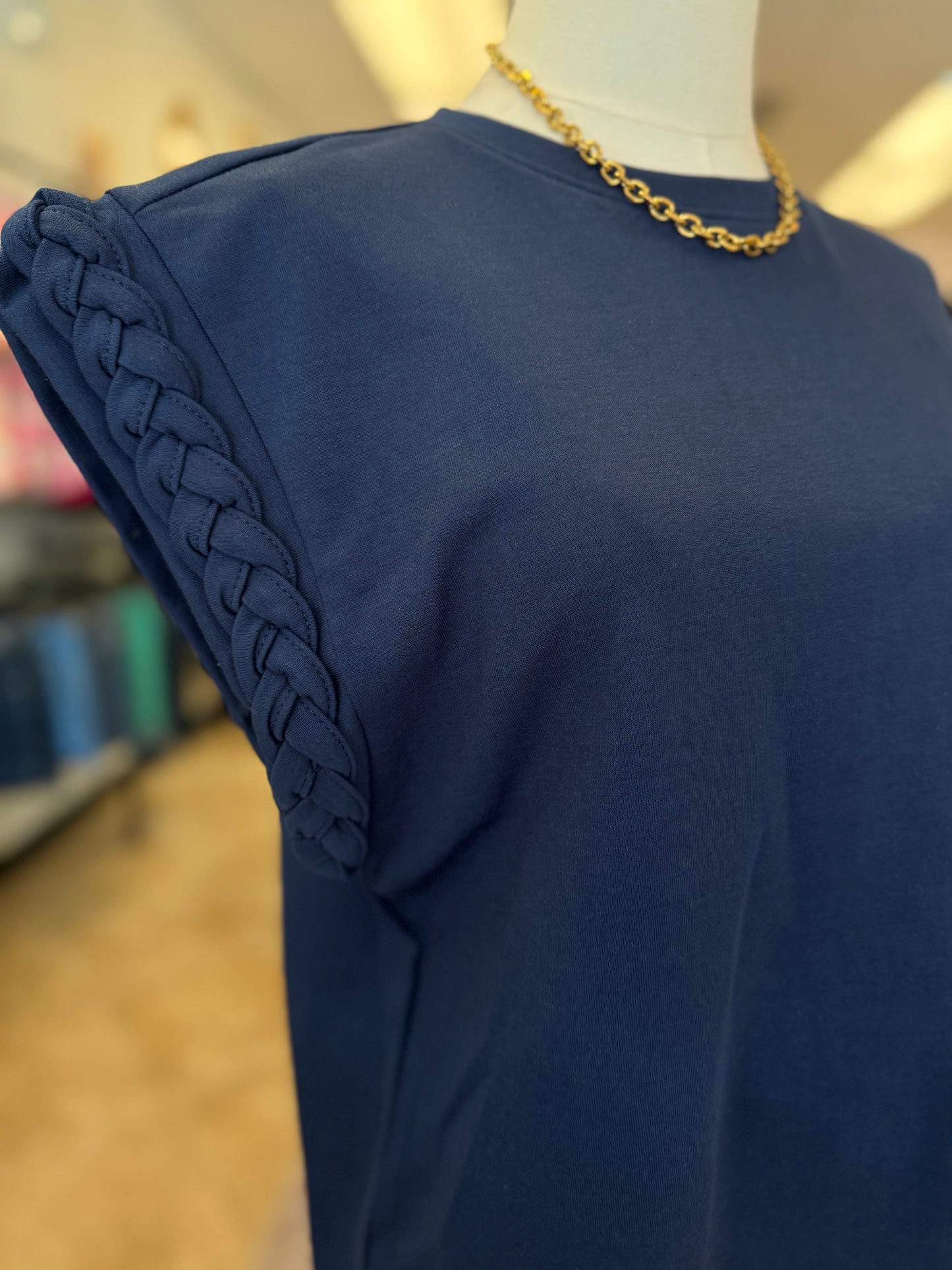 Navy Braided Detail Cap Sleeve Top