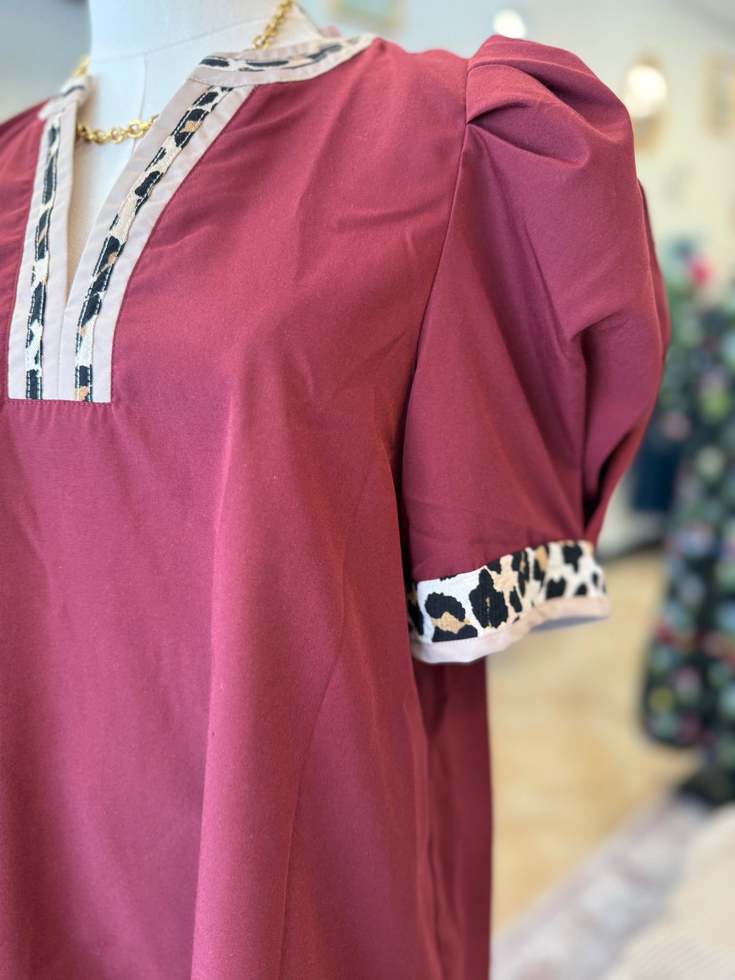 Merlot Leopard Accent Pleated Sleeve Top