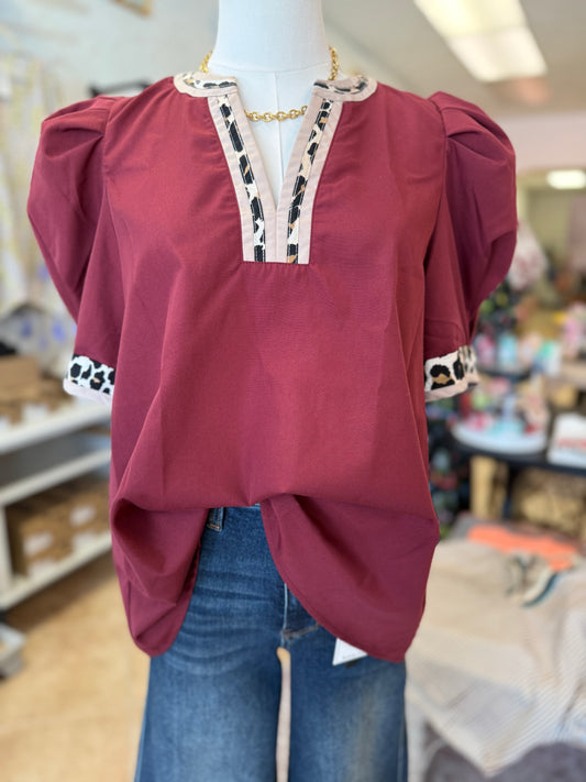Merlot Leopard Accent Pleated Sleeve Top