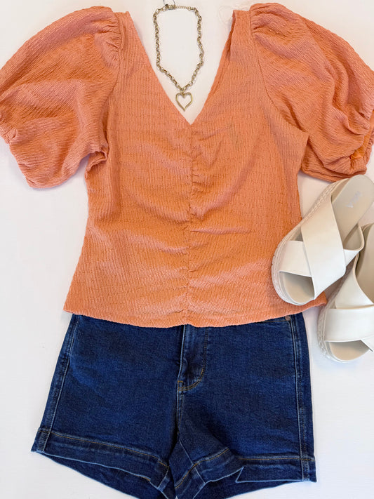 Deep V Neck Orange Puff Sleeve Blouse