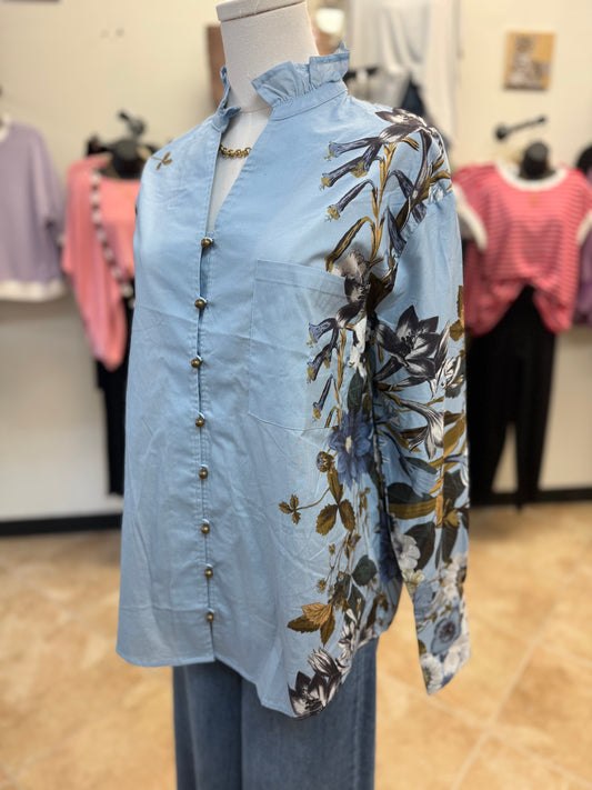 Sky Blue Floral Ruffle Blouse