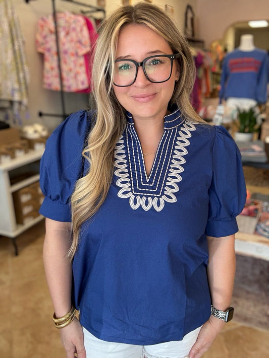 Indigo Embroidered Puff Sleeve Blouse