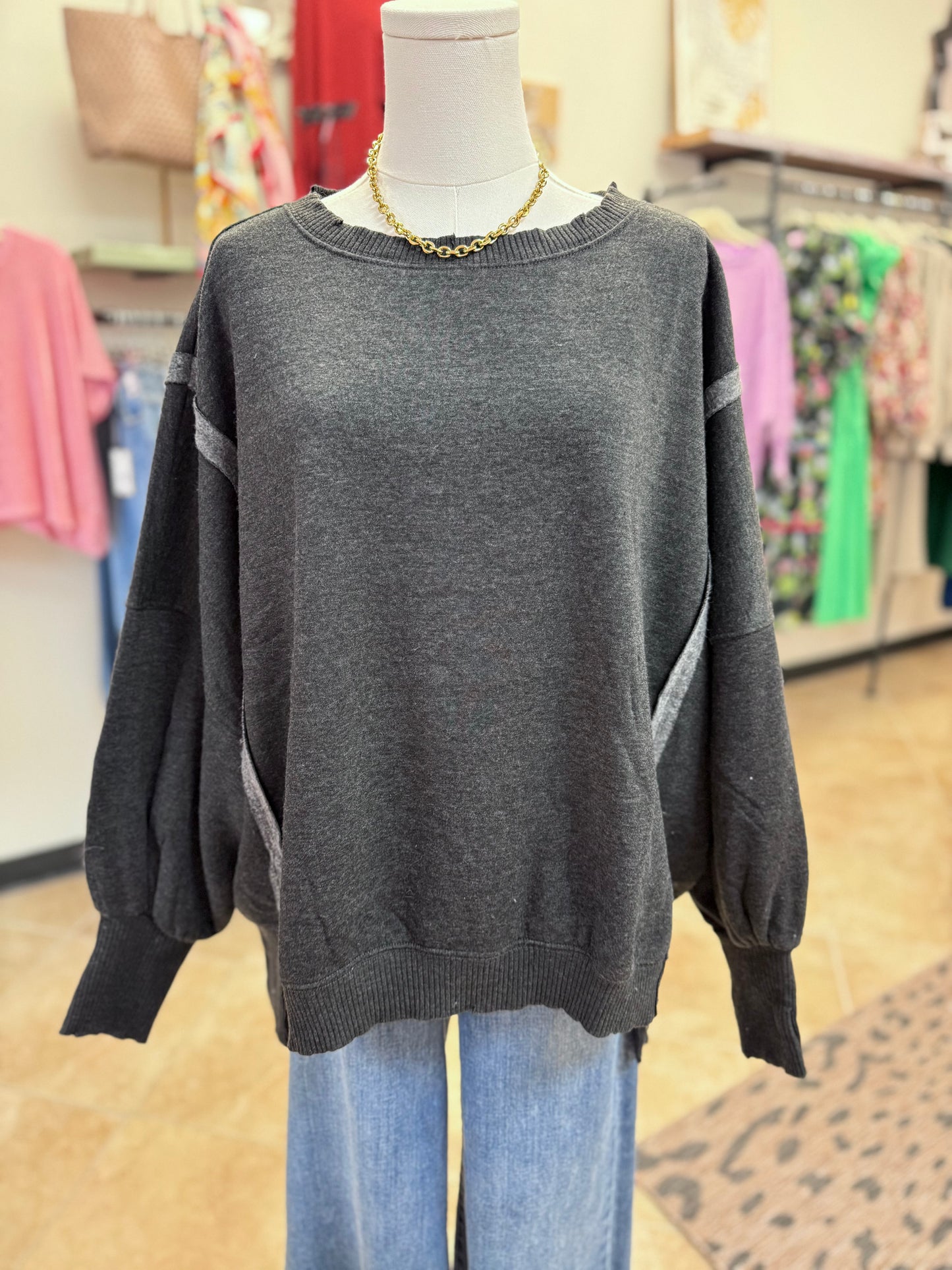 Washed Black Acid Washed Batwing Sleeve Hi-Low Fleece Sweatshirt