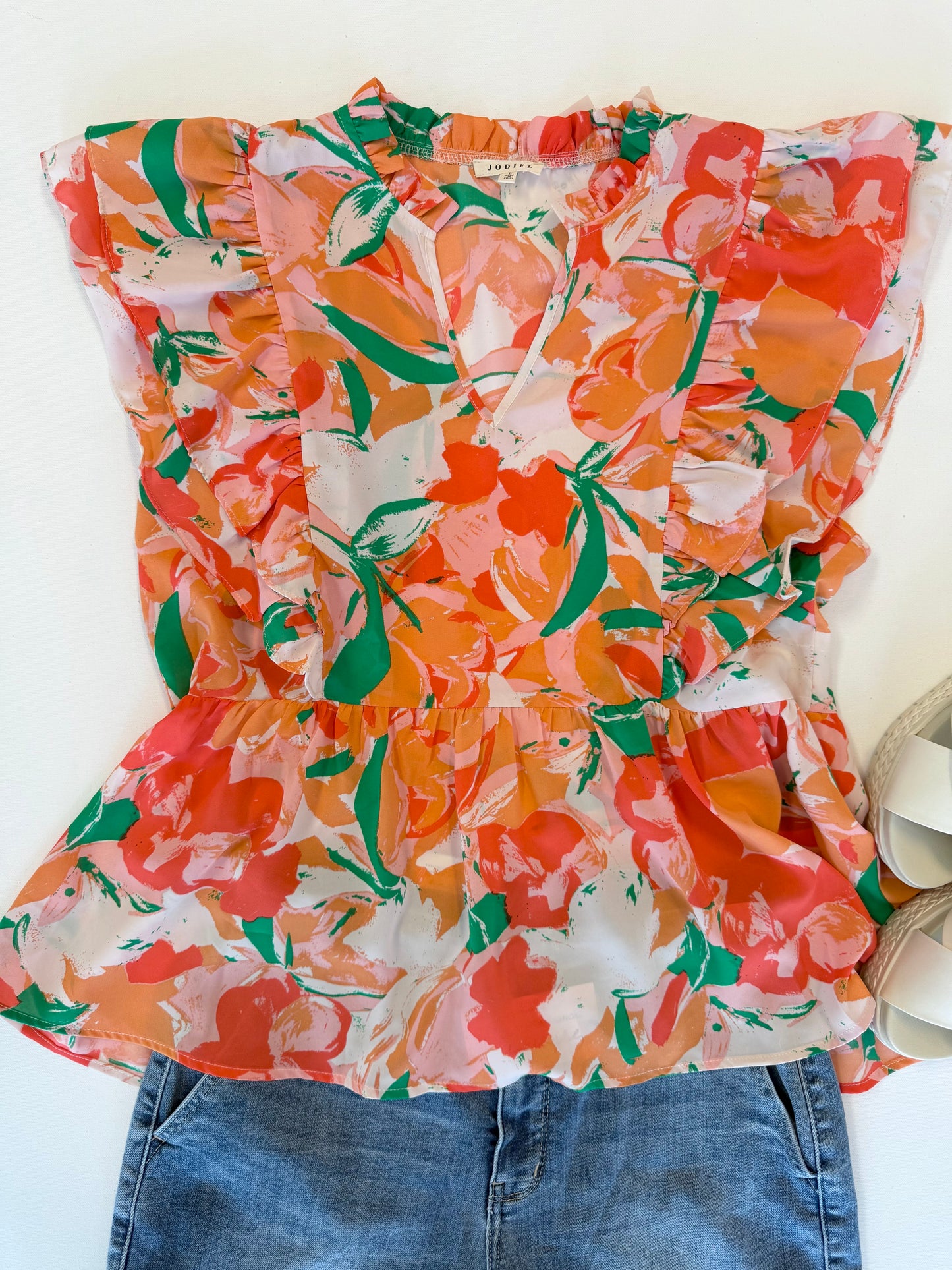 Orange Floral Ruffle Blouse