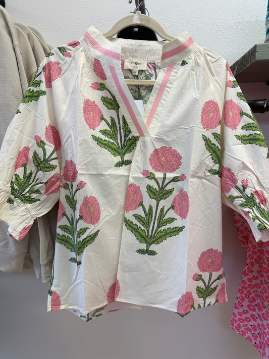 Cream & Pink Floral 3/4 Sleeve Blouse