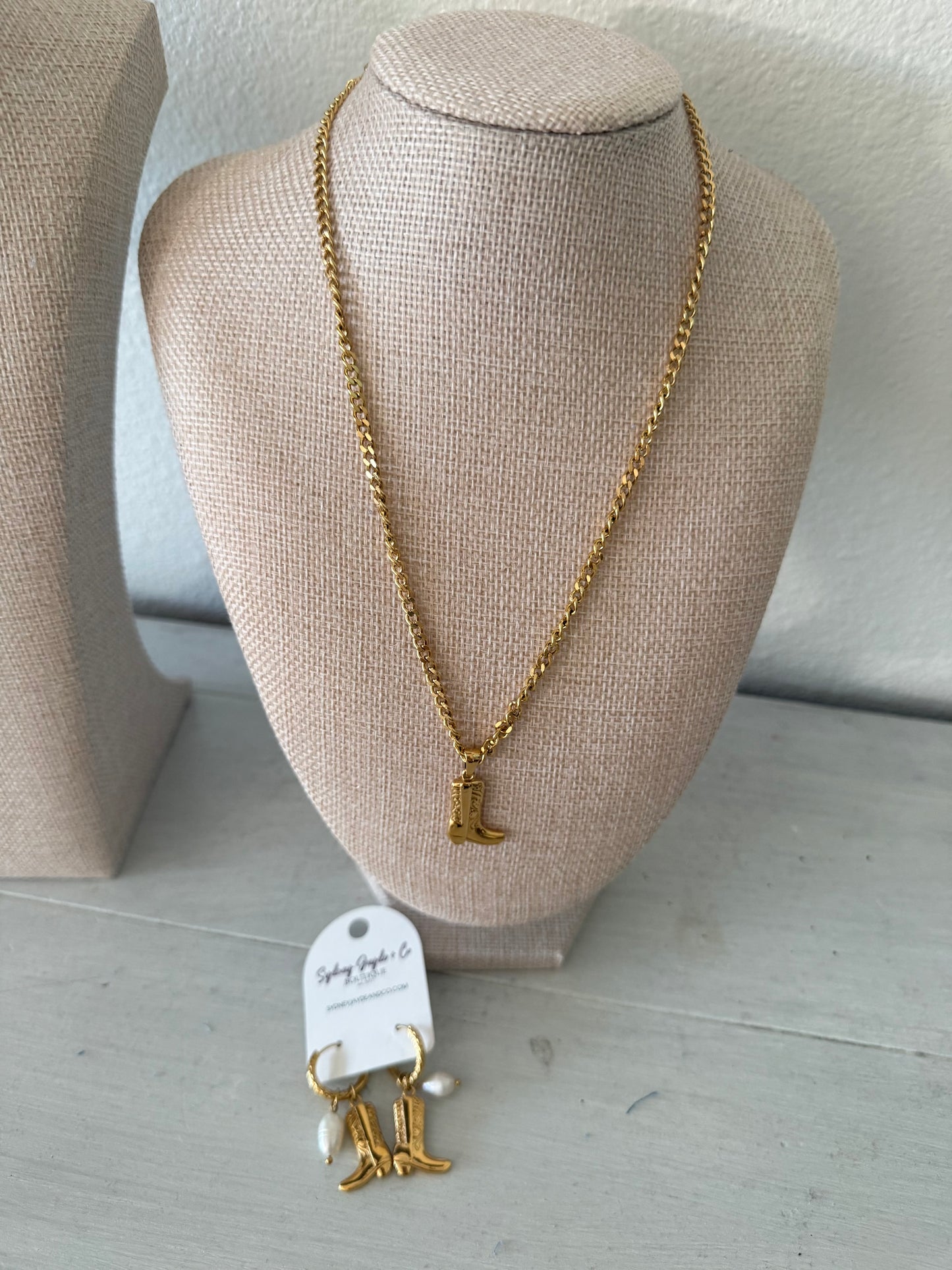 Gold Boot Waterproof Necklace and Matching Earrings