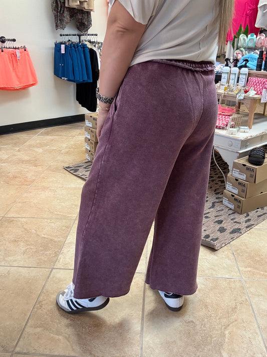 Acid Wash Fleece Palazzo Sweatpants with Pockets